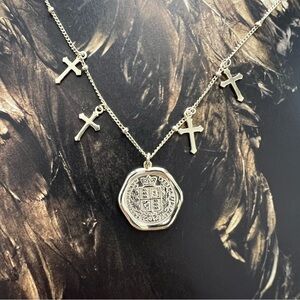 Gold Plated Sterling Silver Spanish Coin Pendant Cross Charm Necklace